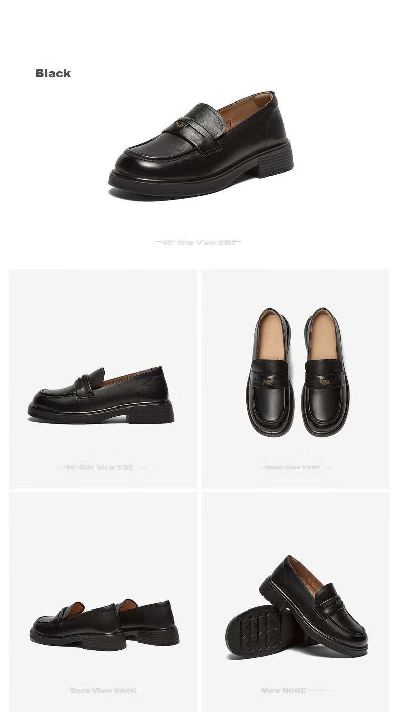 Basto Mall Same Style [Genuine Leather] College Style Loafers Chunky Heel Women's Shoes Black Size 35 21