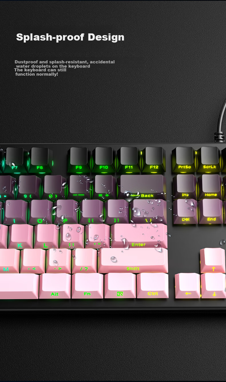 HP Mechanical Feel Gaming Keyboard with Wired Quiet Thin Film Switches for Computer Laptop Office Use, 104 Keys, Splash-Resistant Backlit High Aesthetic Value, Blackberry Pink Side Engraving 9