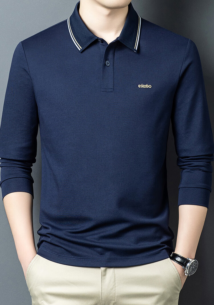 Edenbo Men's Long Sleeve Polo Shirt Long Staple Cotton Half Placket Top Black 170/88A (L) 2