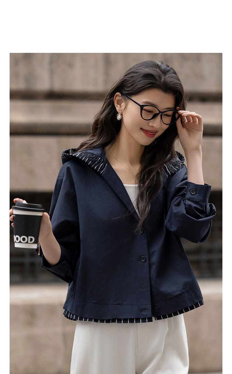Demana [Light Oxygen 100 Cotton] Spring College Style Hooded Patchwork Striped Elastic Loose Petite Women's Jacket 11