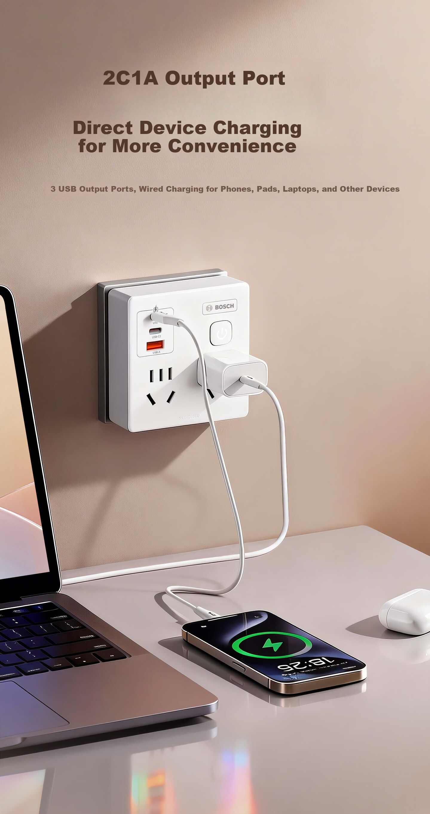 BOSCH 20W Fast Charging 86-Type Socket Converter/Adapter USB+Type-C Socket Extension Multi-Port Power Strip Wireless Multifunctional Socket PS86-0201 3