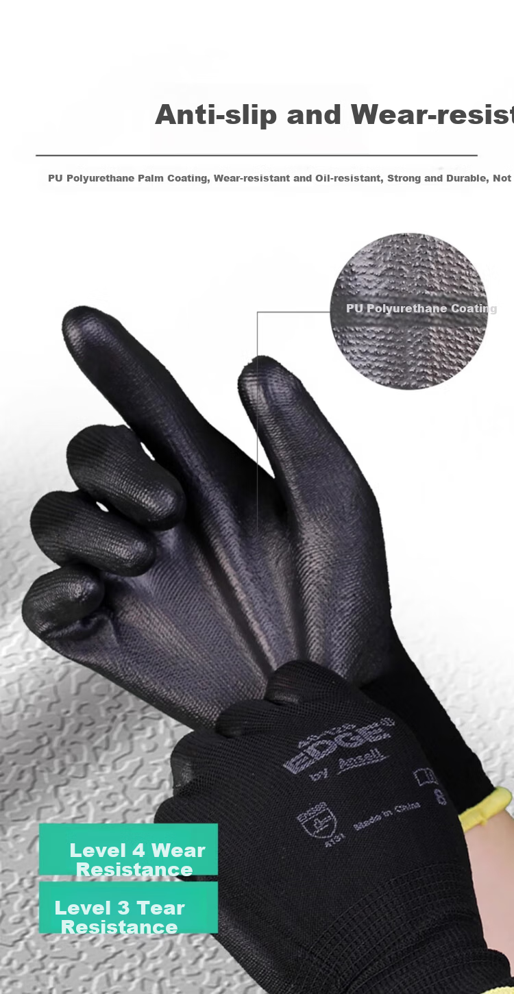 Ansell Protective Gloves, Non-Slip, Wear-Resistant, for Mechanical Processing And Handling, PU Coated, Tear-Resistant, Safety Work Gloves, 48-126 (5 Pairs), 9/L 6