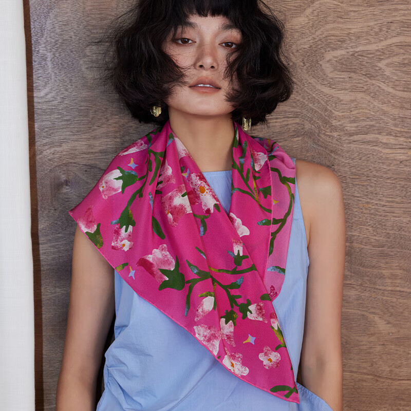 Lagur "Rose Red Morning Glory" Original Handmade Fine Roll 100% Mulberry Silk Scarf Square Berry Pink
