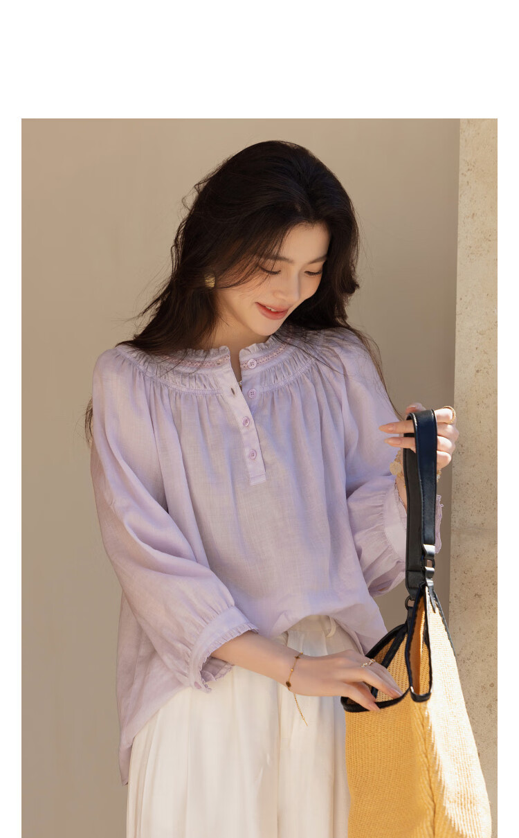 Demana [Ramie Lyocell Blend] Spring Ladies Small Ruffled Round Neck Rubber Shirred Petite Women's Shirt 14