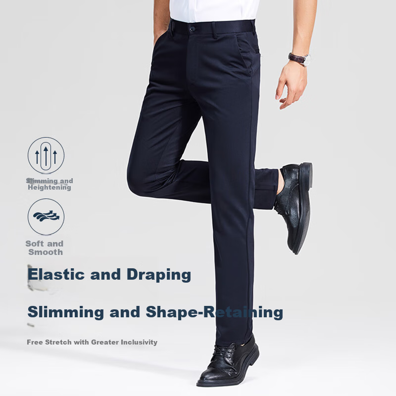 MULINSEN Men's Casual Business Commuter Solid Color Stretch Wrinkle-Resistant Trousers Navy Blue 34