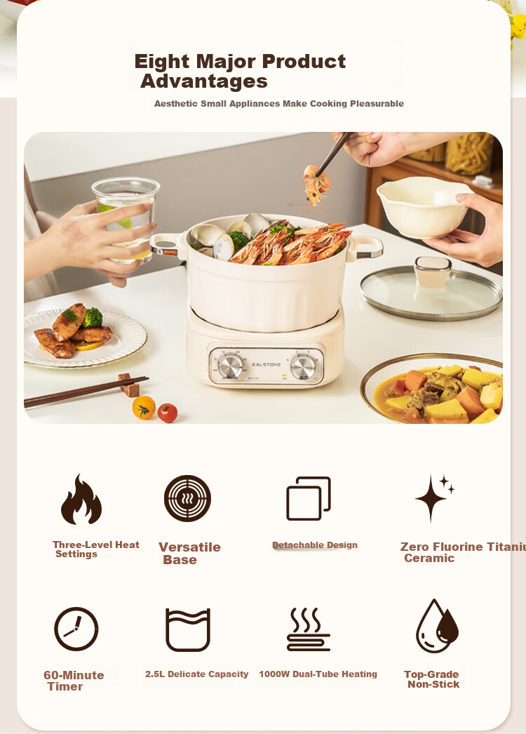 Kalstone N72 Titanium Ceramic Split Electric Cooker Multifunctional Small Electric Pot Hot Pot Dormitory Household Steamer and Cooker Instant Noodle Pot Small Electric Steamer 3