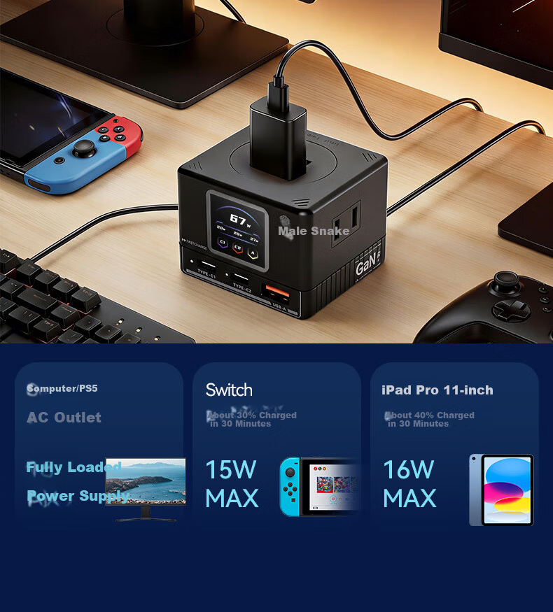 Gongshe Smart Digital Display GaN 67W Fast Charging Mini Socket / Type-C Desktop Charging Station / Gaming Power Strip / USB Power Strip Compatible with iPhone 17 2C1A+6 Outlets 2500W 14