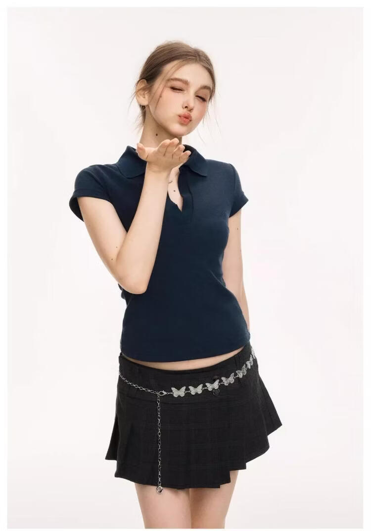 ICH MODE Vintage Polo Collar Short Sleeve T-Shirt Women 2026 Summer New Slim Fit Cropped Top White L 7