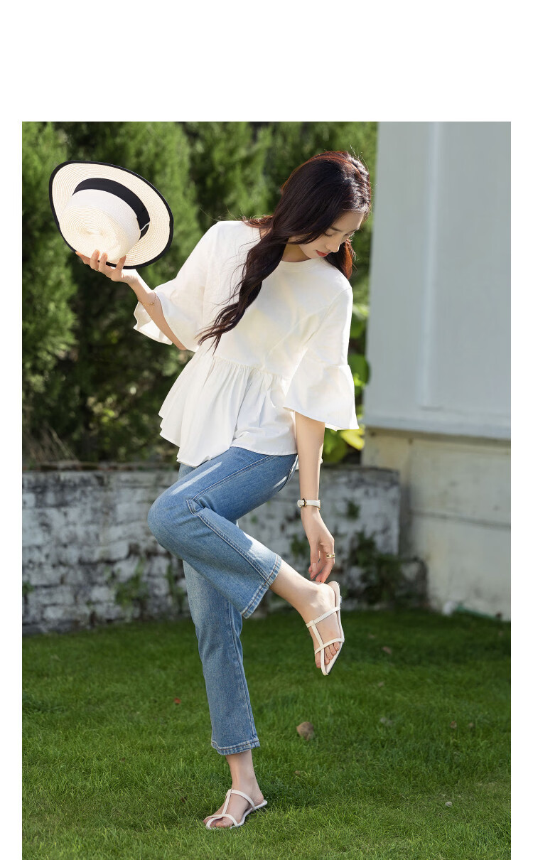 Demana [Pure Cotton Silk Whisper] Spring Light Mature Style Patchwork Five-Sleeve Loose Slimming Petite Women's T-Shirt 2
