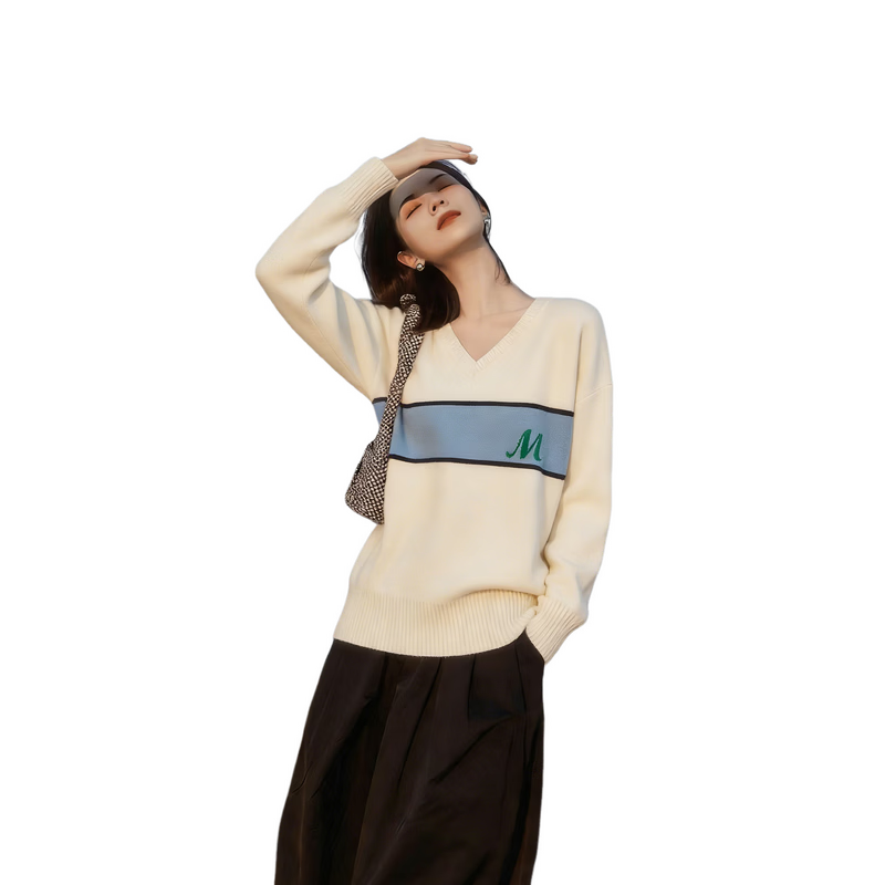 MT Warm Soft Yarn Spring Simple Colorblock Jacquard V-Neck Loose Knit Sweater for Women