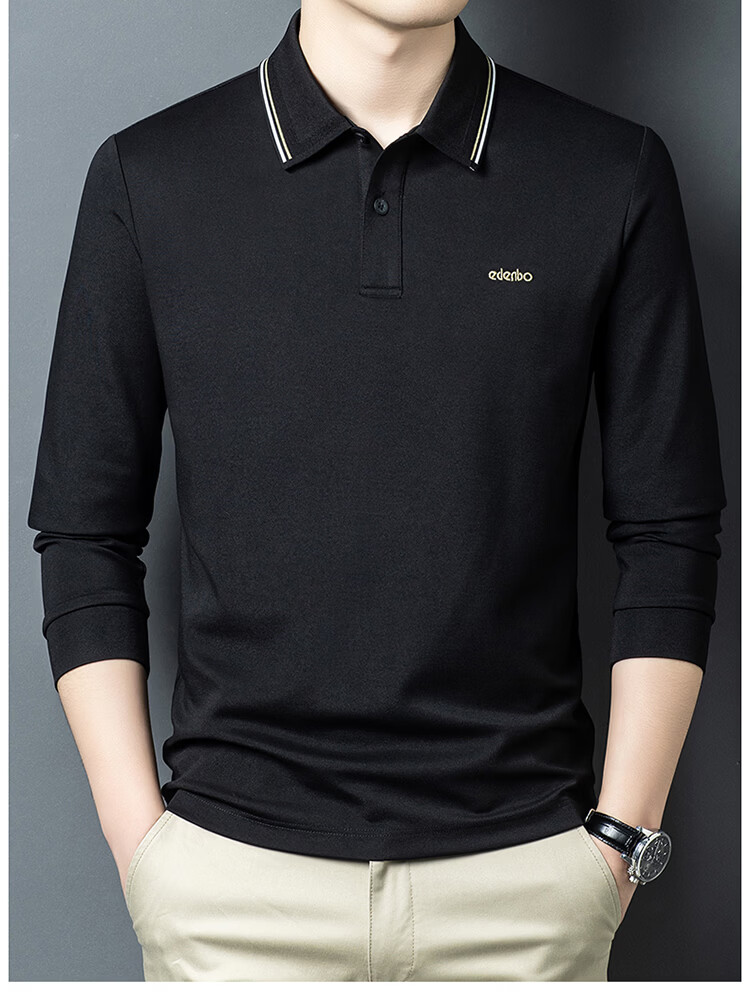 Edenbo Men's Long Sleeve Polo Shirt Long Staple Cotton Half Placket Top Black 170/88A (L) 14