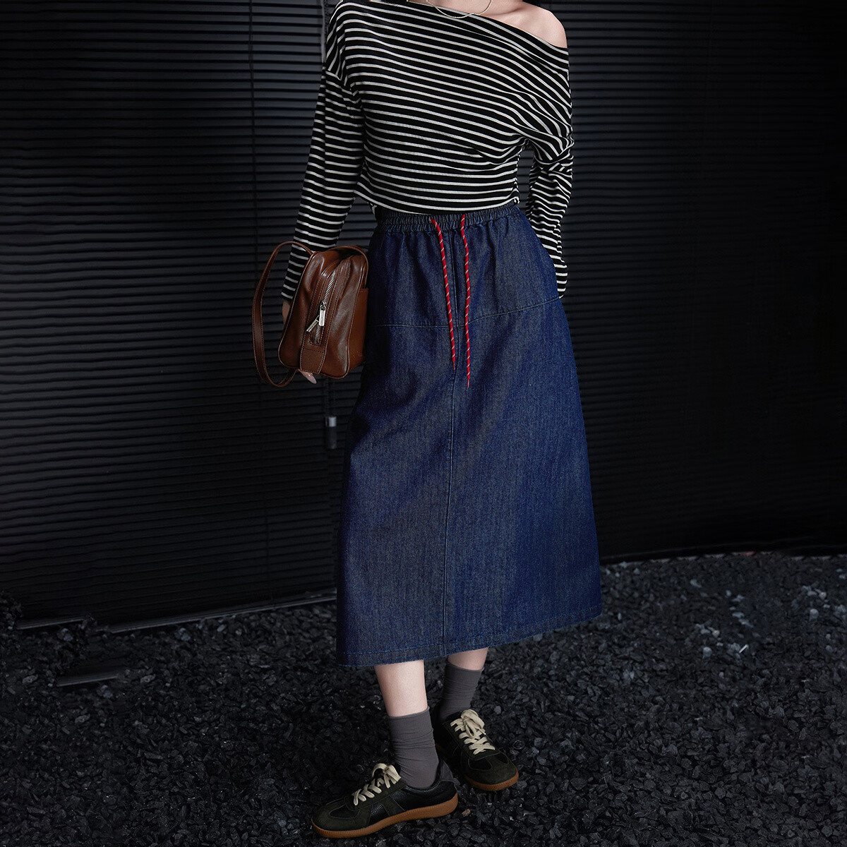 Demana [Cloud Soft Cotton Blend] Spring Korean Style Colorblock Drawstring Elastic Waist Petite Loose Women's Denim Midi Skirt