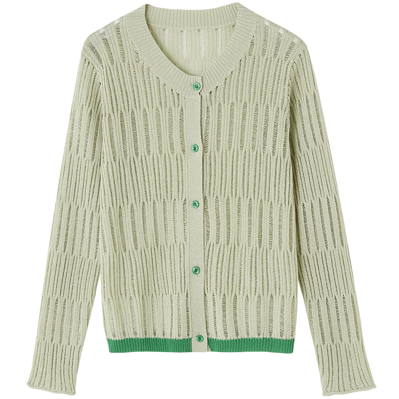 Demana Breathable Tencel Cardigan Spring Round Neck Hollow Out Color Block Soft Stretchy Women's Knit Sweater for Petite