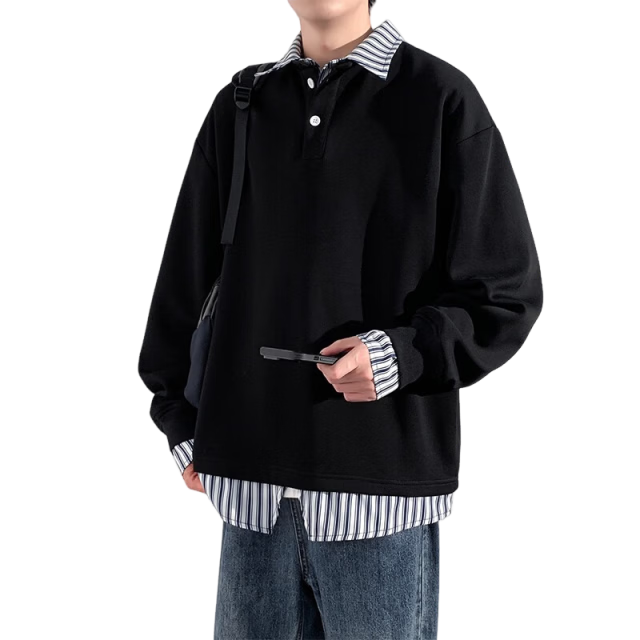 Homlean American-Style Faux Two-Piece Sweatshirt for Men, Spring Heavyweight Long-Sleeve College Style Casual Lapel Top HX51 White-Gray 3XL