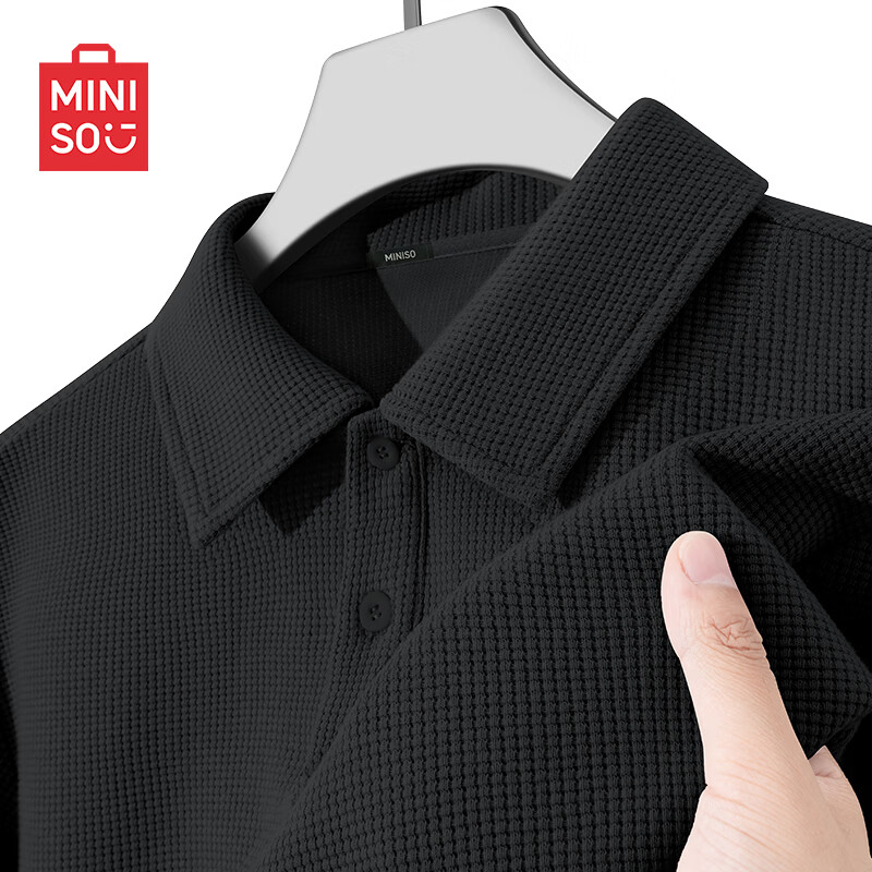 MINISO Polo Shirt for Men, Summer Heavyweight Waffle High-Quality Collared Short Sleeve Casual Versatile Trendy T-Shirt, Black, M