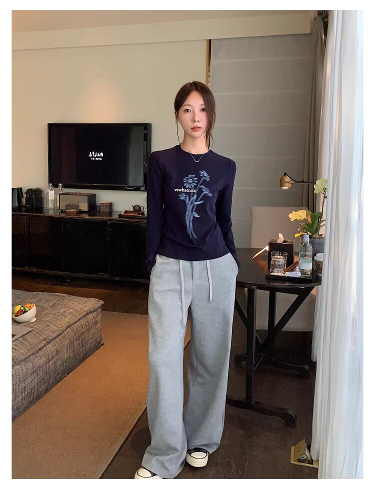 ICH MODE Floral Print Short Sleeve T-Shirt Women Spring Autumn New Korean Style Beautiful Shoulder Tee Navy Blue S 21