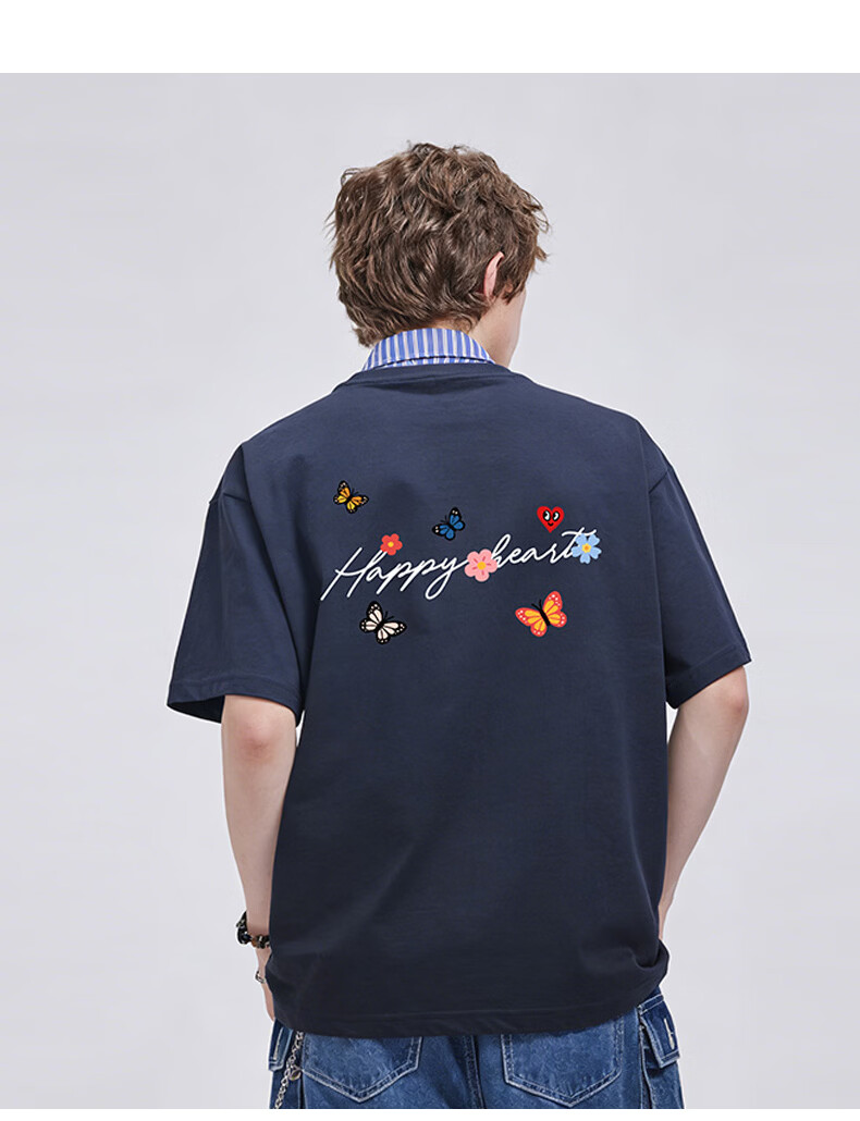 Charles Heart-Shaped False Two-Piece Cotton Couple Short Sleeve Polo Shirt with Butterfly Print Navy Blue S 13