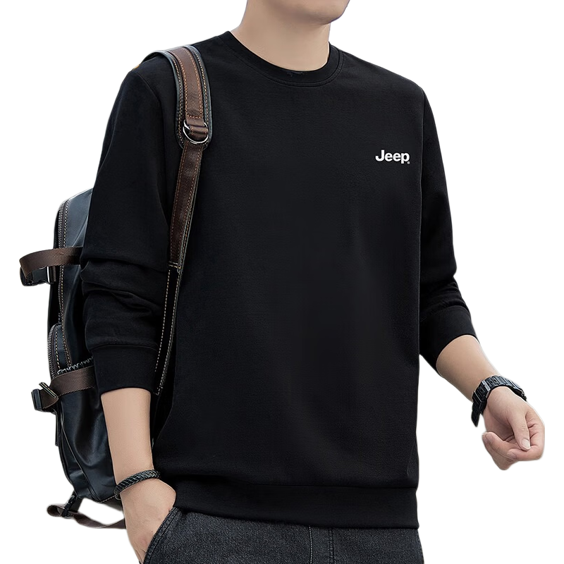 JEEP Men's Sweatshirt, Loose-Fitting Round Neck Undershirt for Spring And Autumn, Trendy Top, Men's Clothing, Black, 3XL