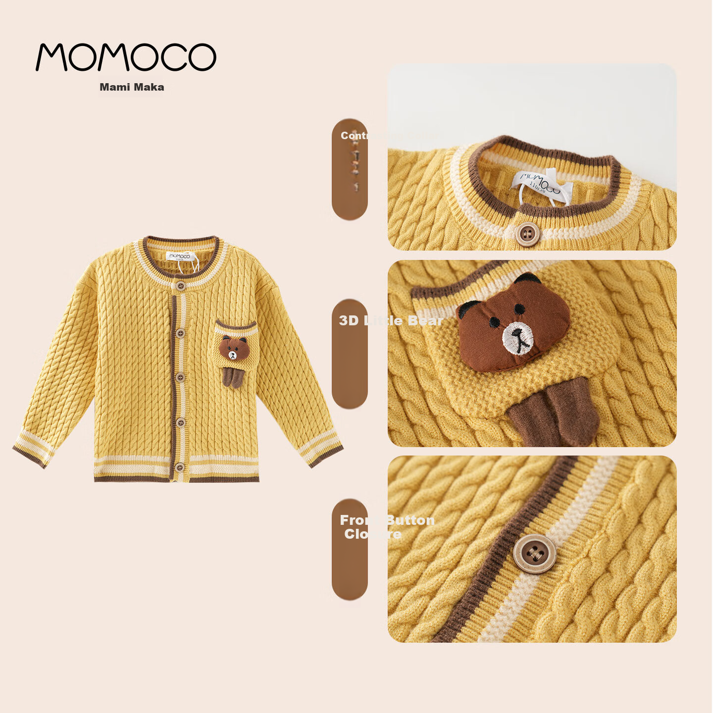 MOMOCO Boys' Cardigan Jacket Spring and Autumn Fashion Sweater Yellow Size 105