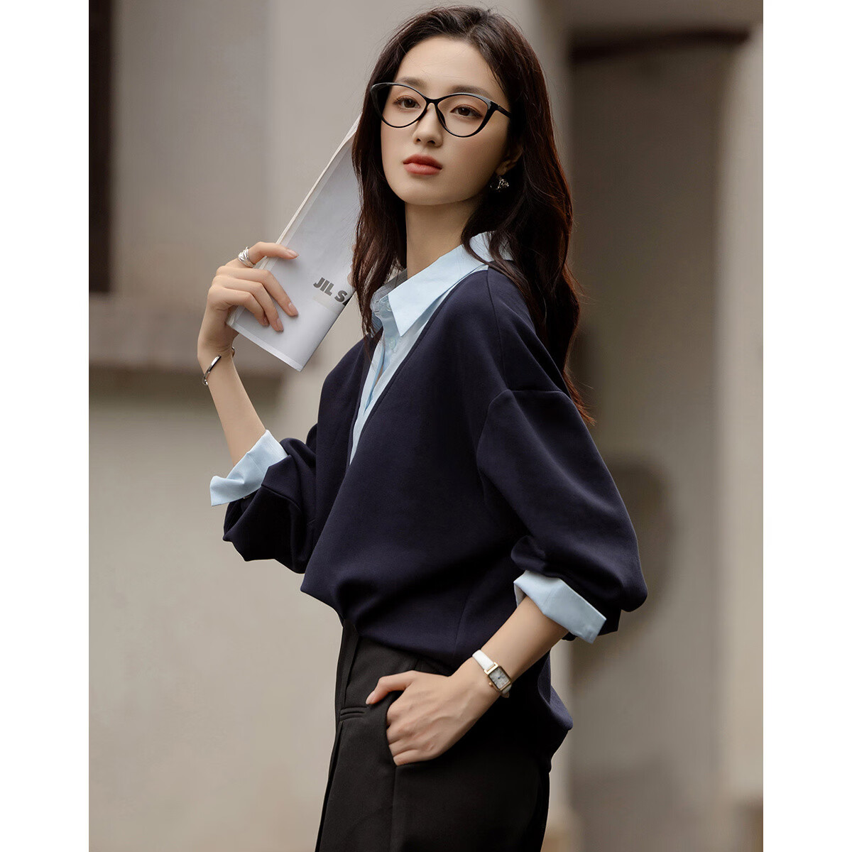 Demana [Smart Moment] Spring Cloud Cotton Patchwork Fake Two-Piece Drop Shoulder Petite Women's Sweatshirt