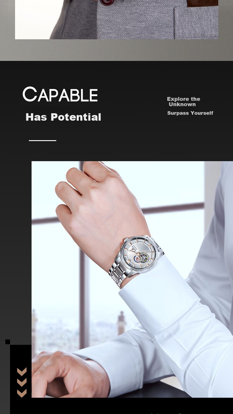 EBOHR Men's Skeleton Automatic Mechanical Watch Stainless Steel Band Authentic National Brand 24-Hour Dial New Year Gift 10