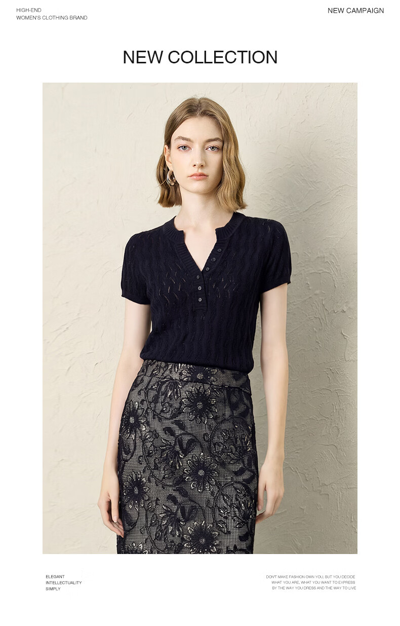 Yanyu Black Slim Fit Knit Top Women 2026 Summer High-End Vintage Style Short Sleeve Half-Open Collar Shirt Black S 18