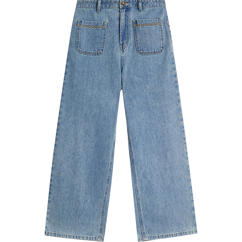 INMAN Vintage Washed Pocket Cropped Wide-Leg Jeans 26 Summer Women's New Loose Trousers Nostalgic Retro Blue 26