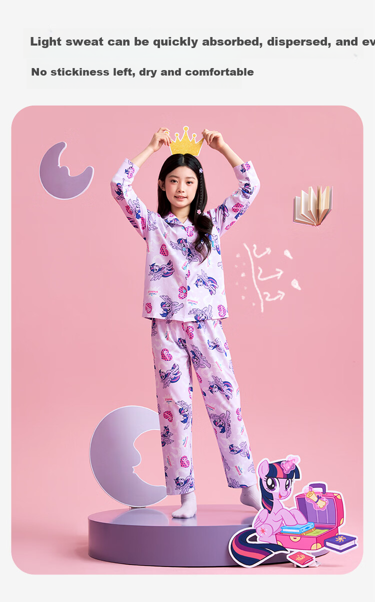 Jiusuibian [My Little Pony Collaboration] Girls' Spring and Autumn Antibacterial Cotton Cartoon Pajama Set for Children Age 7 5