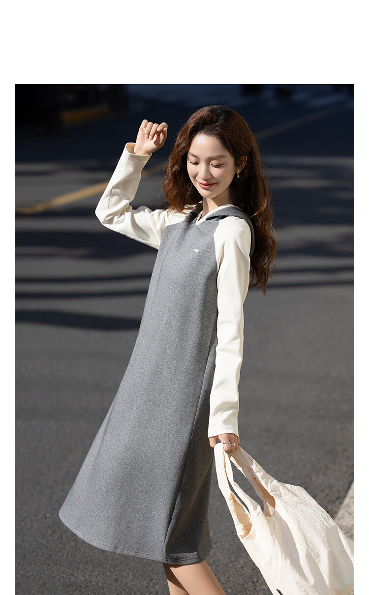 Demana [Comfort Elastic Air Layer] Spring Korean Style Hooded Color-Block Embroidered Petite Loose A-Line Women's Dress 5