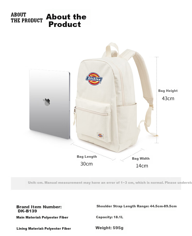 Dickies Embroidered Large Capacity Backpack for Middle and High School Students, Travel and Commuting, Unisex School Bag, Light Gray 9