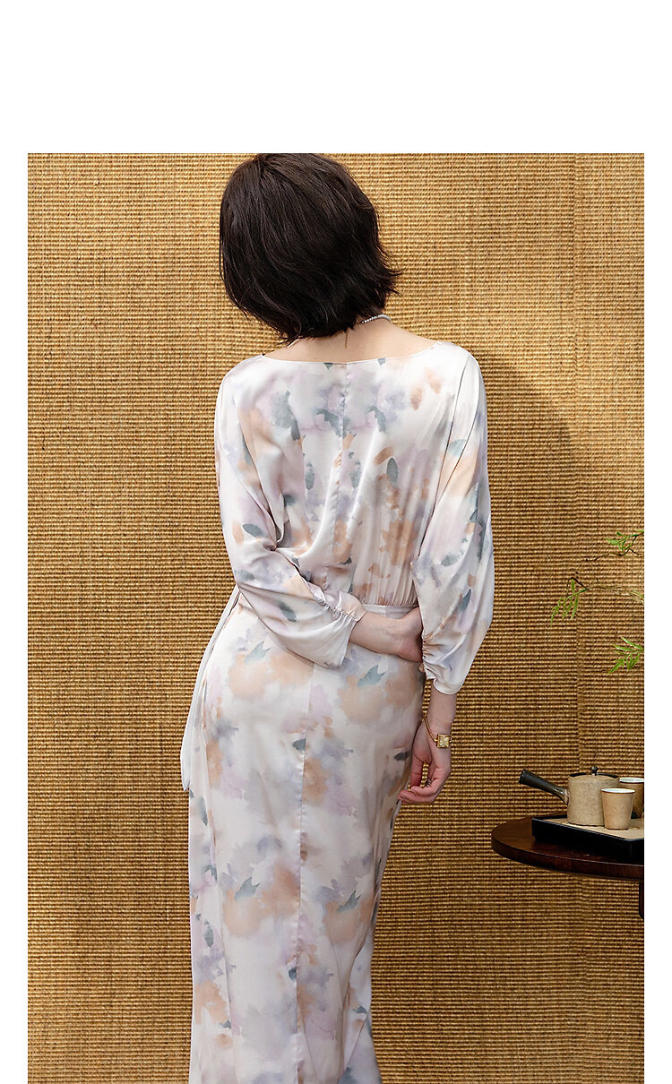 Demana Adjustable Half Skirt Overlapping Placket Spring Gentle Style Floral Eight-Sleeve Petite Slim Women's Dress 5