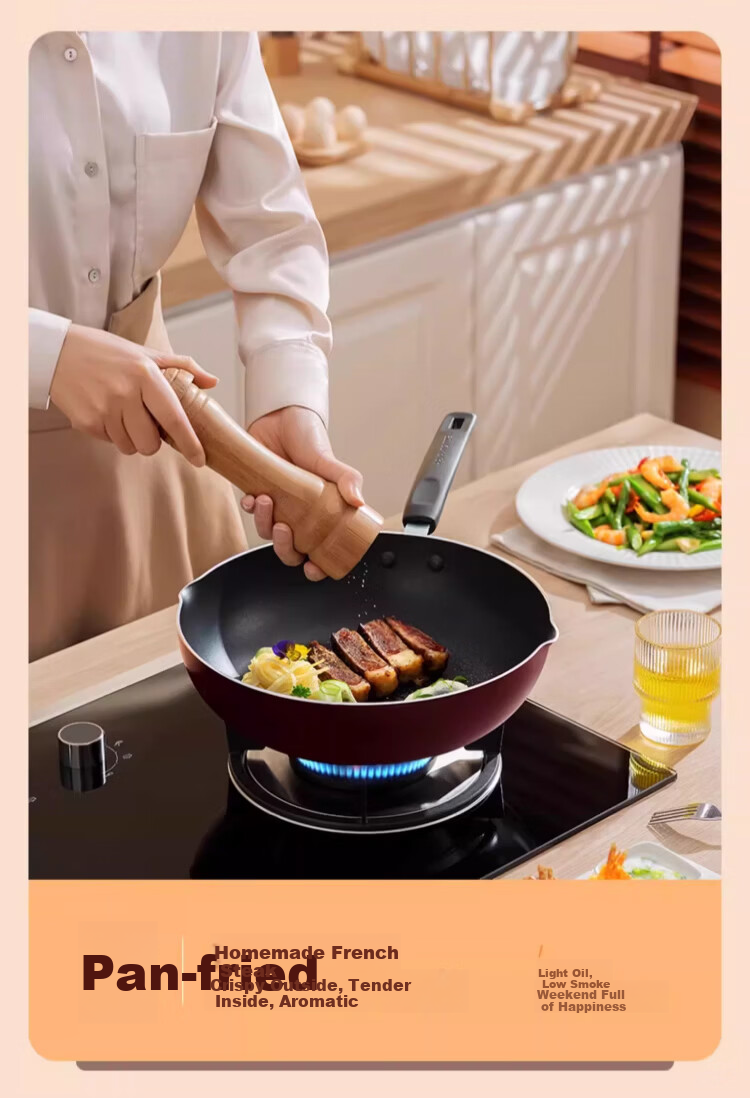 Joyoung Non-Stick Wok Household Stir-Fry Pan Large Flat Bottom Frying Pan Stove Compatible 28cm with Lid 6