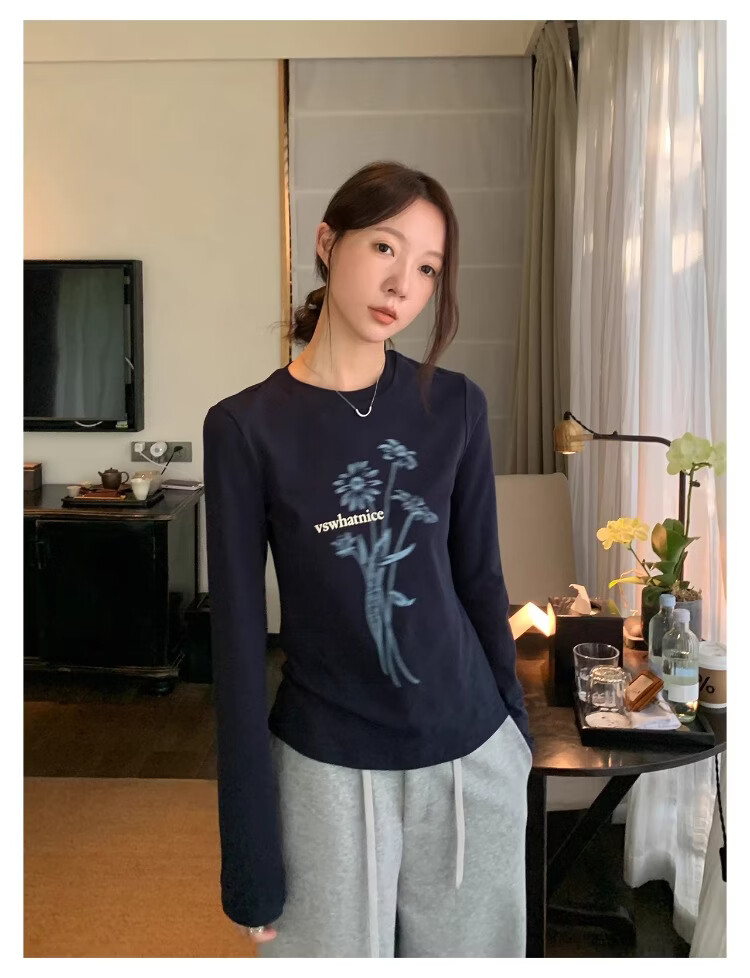 ICH MODE Floral Print Short Sleeve T-Shirt Women Spring Autumn New Korean Style Beautiful Shoulder Tee Navy Blue S 23