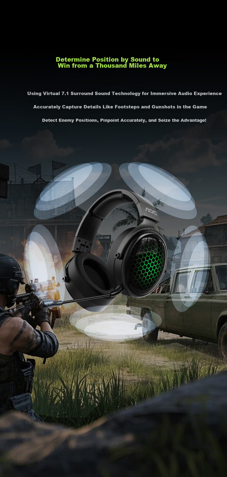 AOC Gaming Headset Over-Ear 7.1 Surround Sound PC Headphones Delta Operation FPS Wireless Bluetooth Wired Tri-Mode Long Battery Life 2