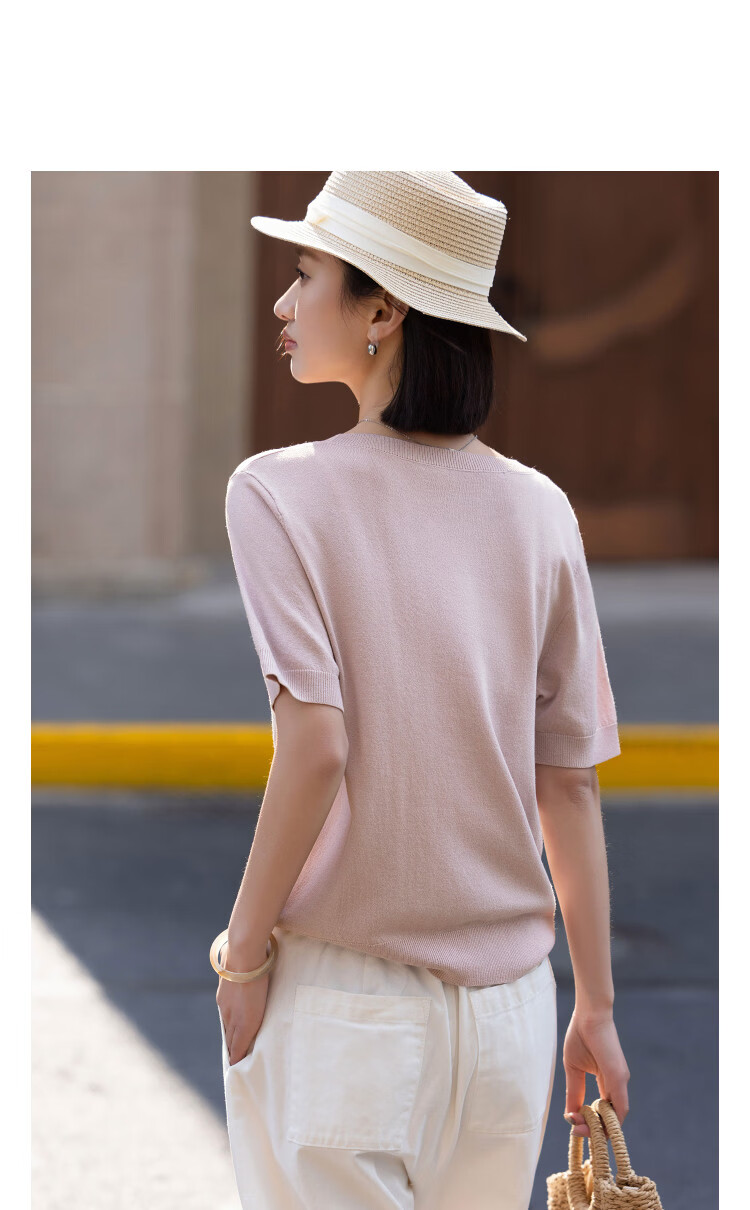 Demana [Elephant Roaming] Summer Elegant Round Neck Color-Block Jacquard Slimming Short Sleeve Knit Top for Women 11