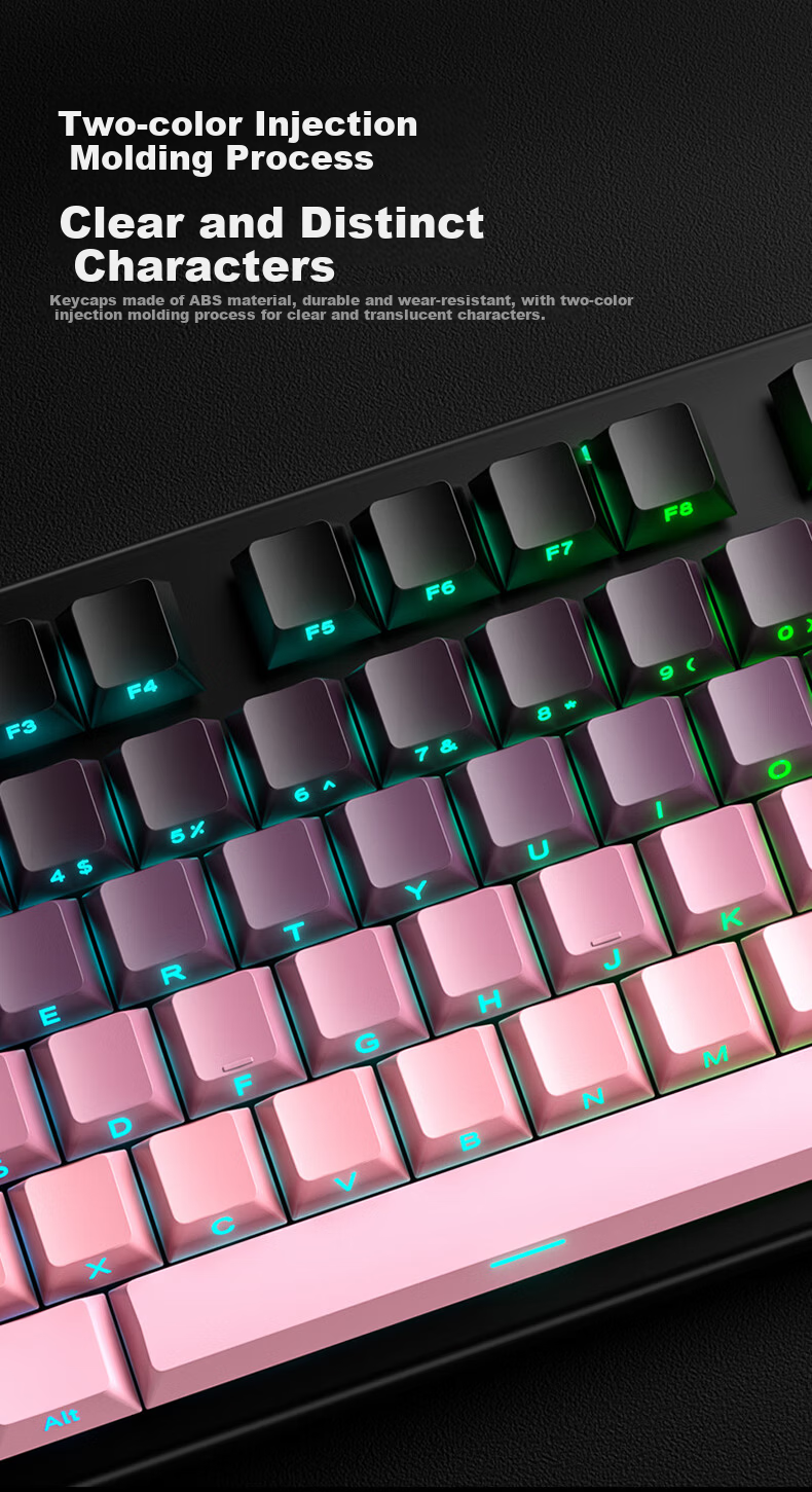 HP Mechanical Feel Gaming Keyboard with Wired Quiet Thin Film Switches for Computer Laptop Office Use, 104 Keys, Splash-Resistant Backlit High Aesthetic Value, Blackberry Pink Side Engraving 4