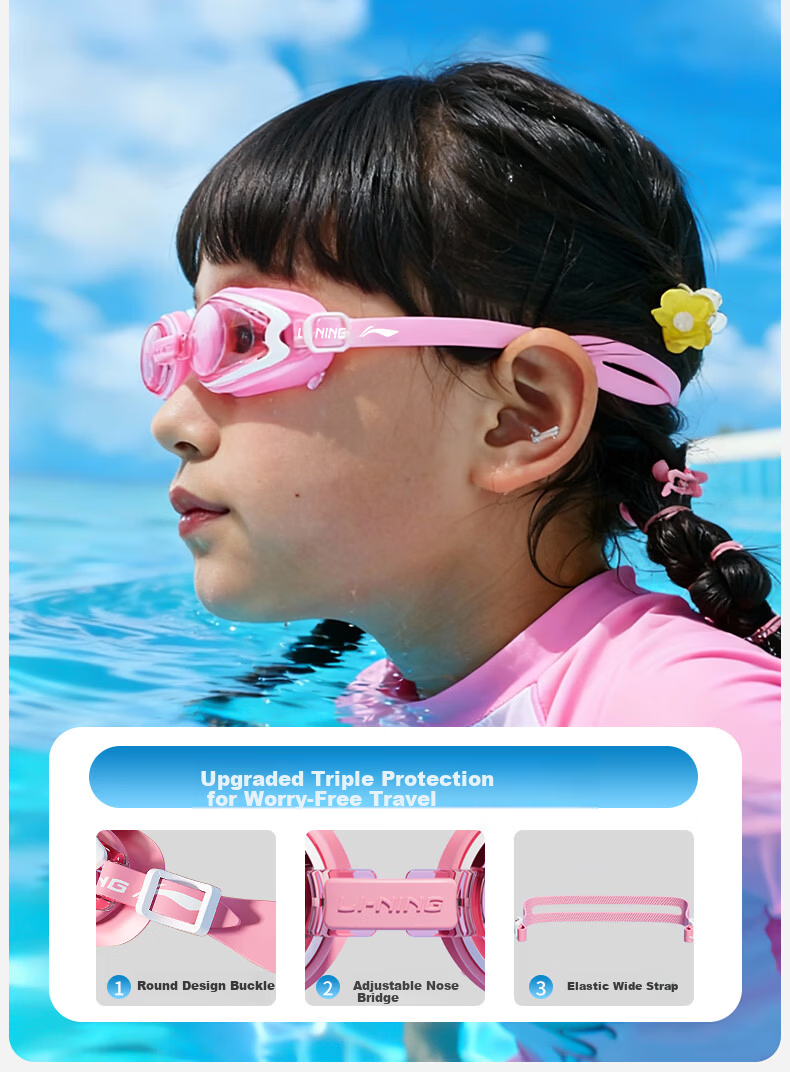 Li-Ning Children's Swimming Goggles, Boys And Girls High Definition Anti-Fog Comfortable Waterproof Swim Glasses And Swim Cap Set - Pink 12
