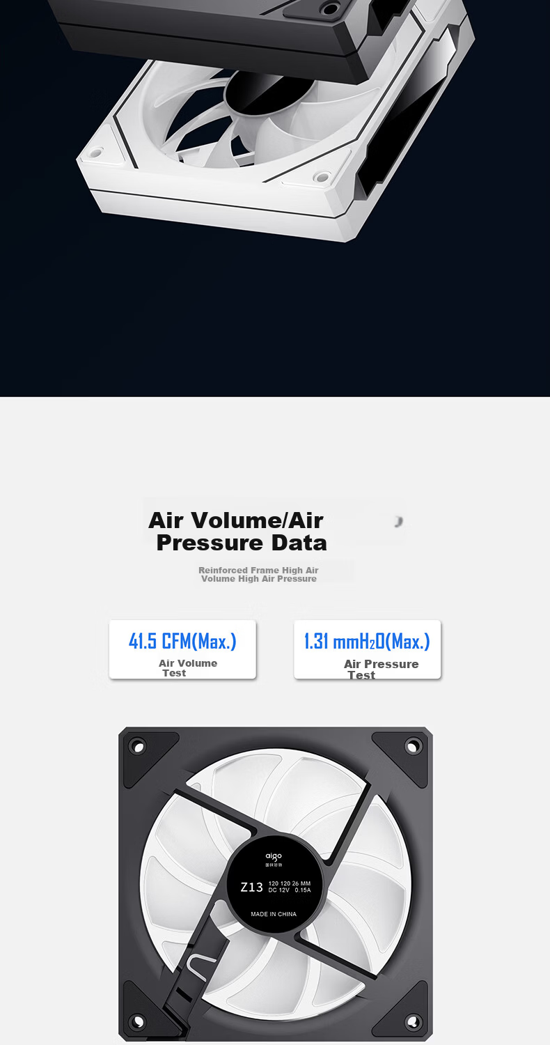 Aigo Aurora Z13 White Reverse Blade ARGB 5V 3-Pin Motherboard Sync 12CM PWM Temperature Control Computer Case Fan Infinite Mirror 6