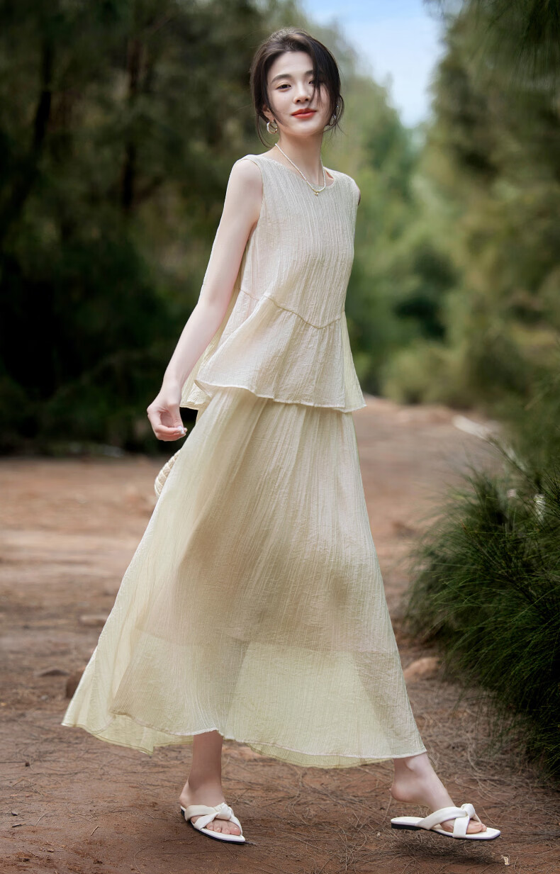 Demana [with Natural Wind Linen] Summer Design Patchwork False Two-Piece Sleeveless Off-Shoulder Waterdrop Button Cake Dress 12