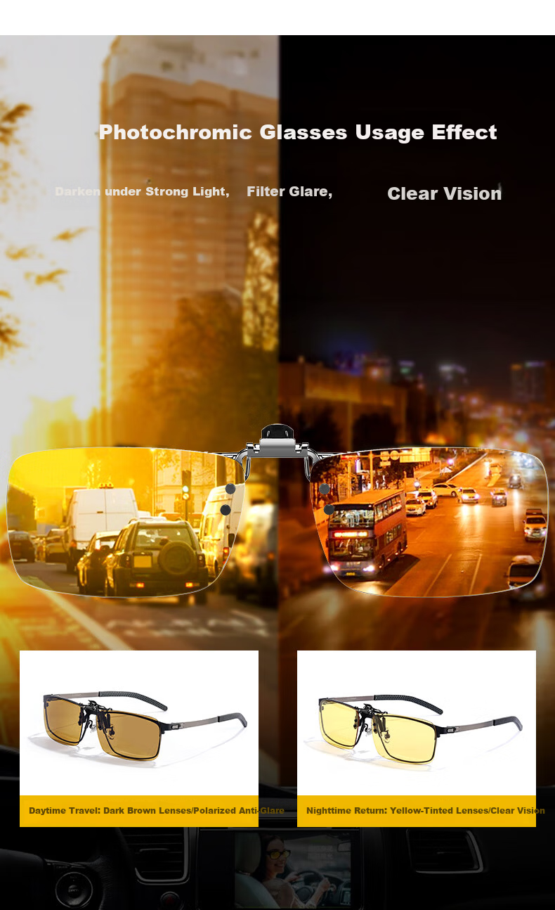 Jiaboli Night Vision Clip-On Polarized Photochromic Sunglasses for Driving, Unisex Flip-Up Day and Night Use Glasses 10