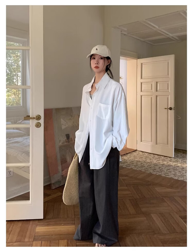 ICH MODE Textured Lazy Style Physical Sun Protection Long Sleeve Shirt Island Vacation White S 19