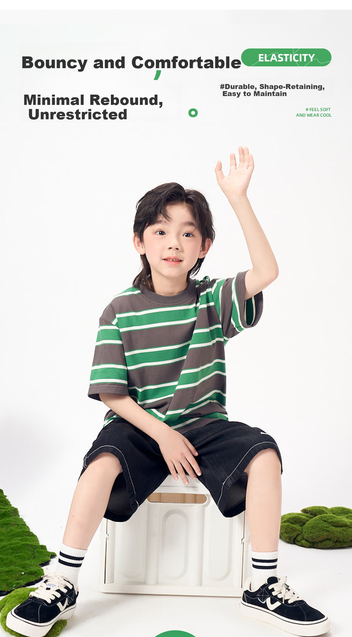 Langsha Autumn New Boys Casual Set Striped T-Shirt Outdoor Cargo Pants Green Gray 160 10