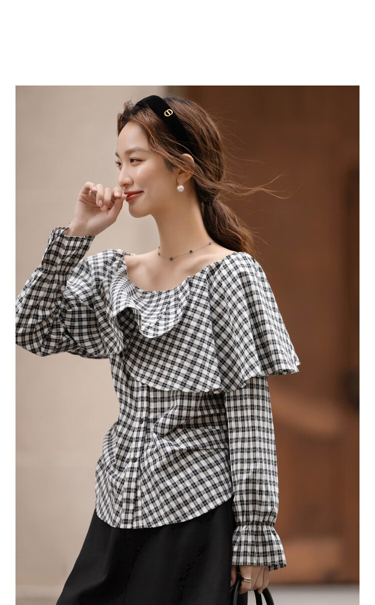 Demana [Cloud Soft Cotton Blend] Spring Off-Shoulder Ruffle Side Ruched Plaid Petite Women's Shirt 10