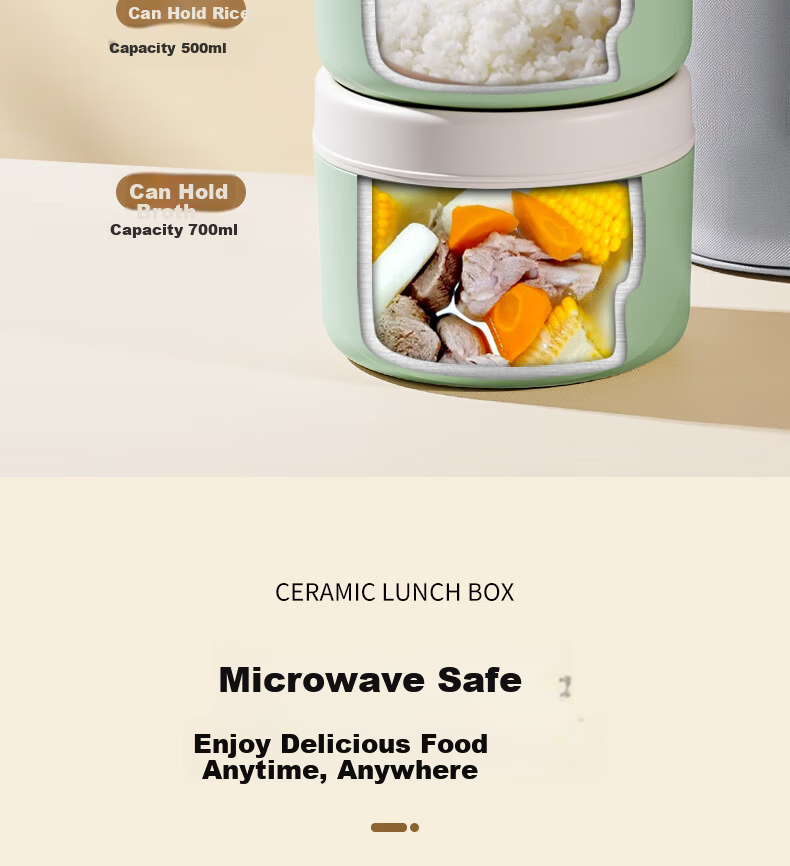 Ymer Insulated Lunch Box Microwaveable Ceramic Set Green 2-Pack (One Large, One Small) 15