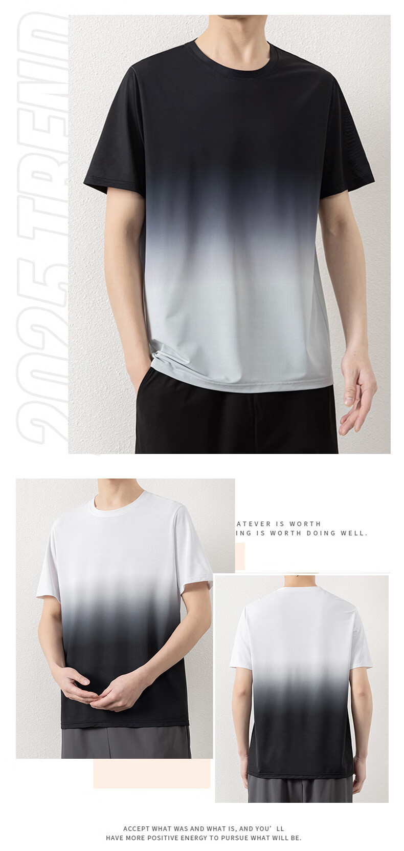 ROMON Men's Short Sleeve T-Shirt Summer Gradient Quick-Dry Breathable Cool Ice Silk Top Light Blue M 8210 18