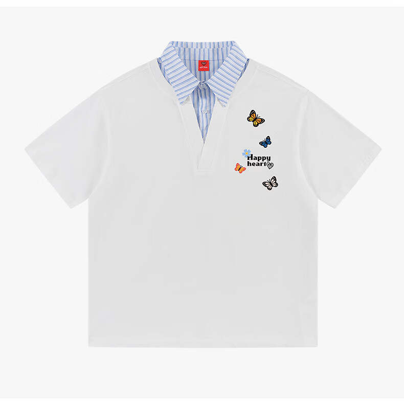 Charles Heart-Shaped False Two-Piece Cotton Couple Short Sleeve Polo Shirt with Butterfly Print Navy Blue S 19