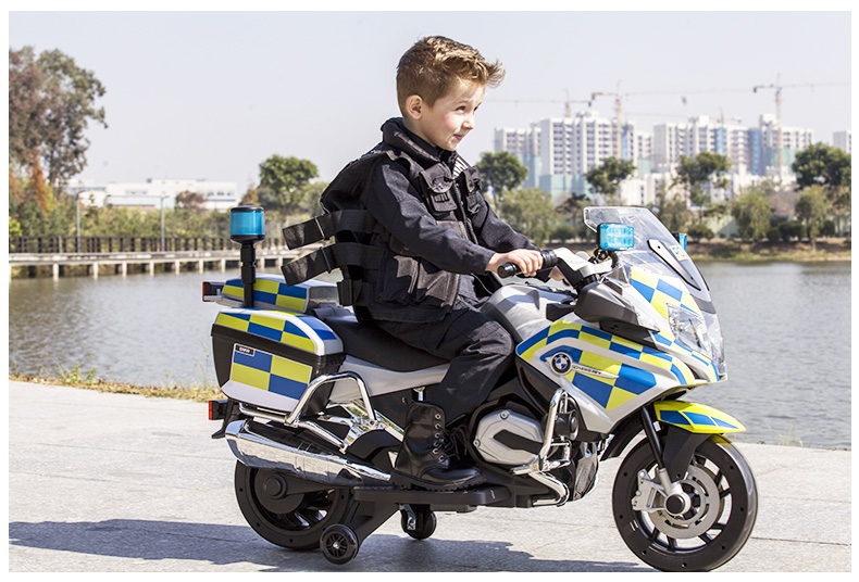 CHILOKBO BMW Children's Electric Motorcycle, Two-Wheel Extra-Large Rideable, Double-Person Kids' Toy Police Car, Birthday Gift, Soft Wheels 13