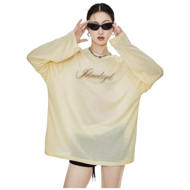 ICH MODE American Style Physical Sunscreen Cooling Loose Long Sleeve T-Shirt Lightweight Lazy Style White S