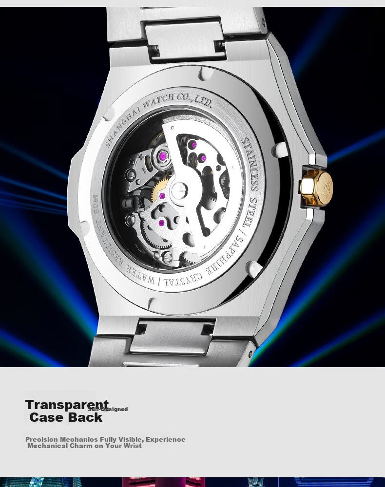 SHANGHAI Men's Automatic Mechanical Watch National Series Skeleton Luminous Wristwatch S8008 White Dial 9