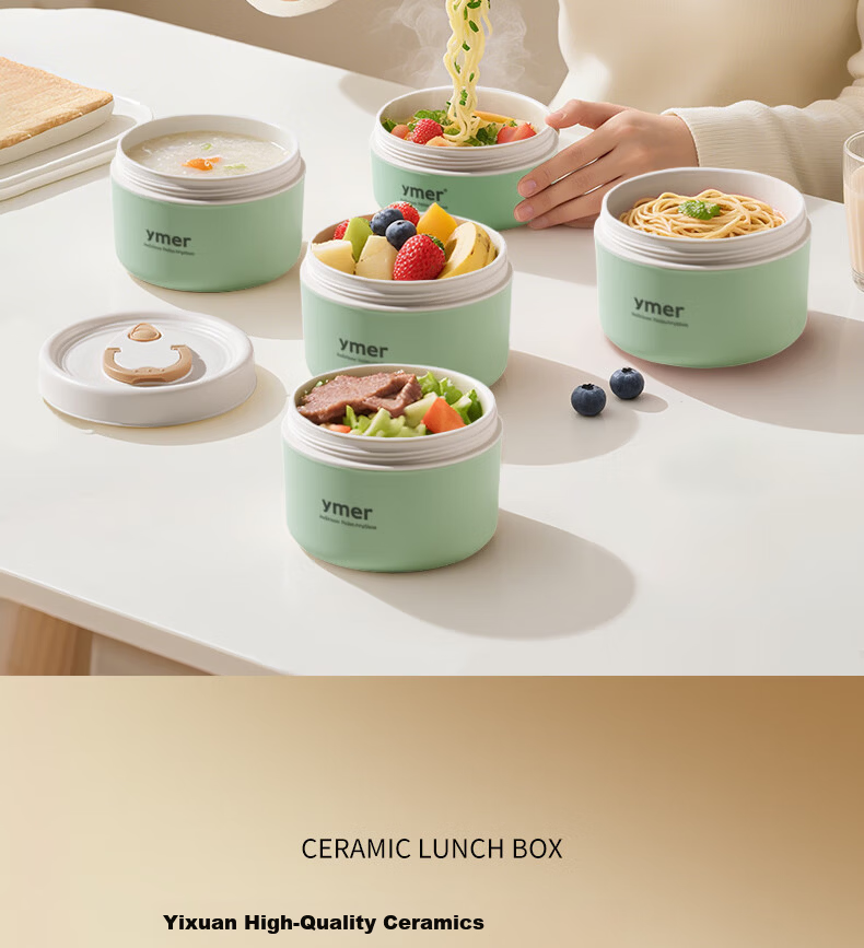 Ymer Insulated Lunch Box Microwaveable Ceramic Set Green 2-Pack (One Large, One Small) 8